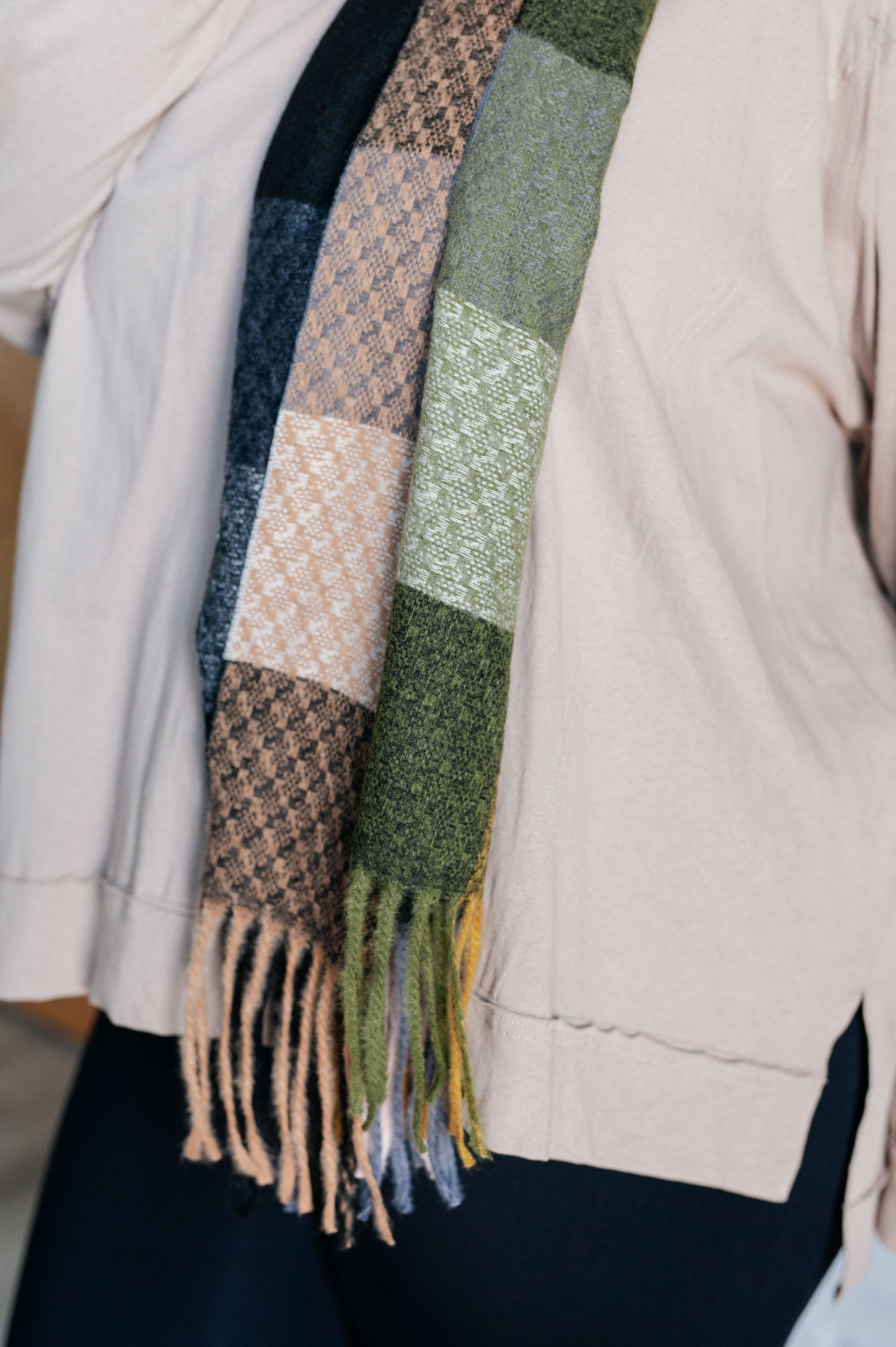 Keep Me Cozy Checkered Fringe Scarf in Woodland Shade
