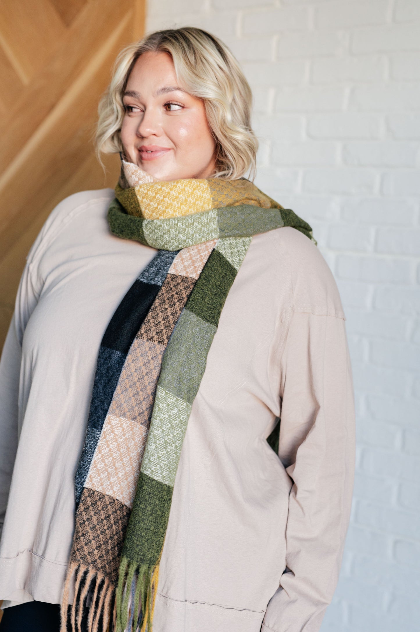 Keep Me Cozy Checkered Fringe Scarf in Woodland Shade