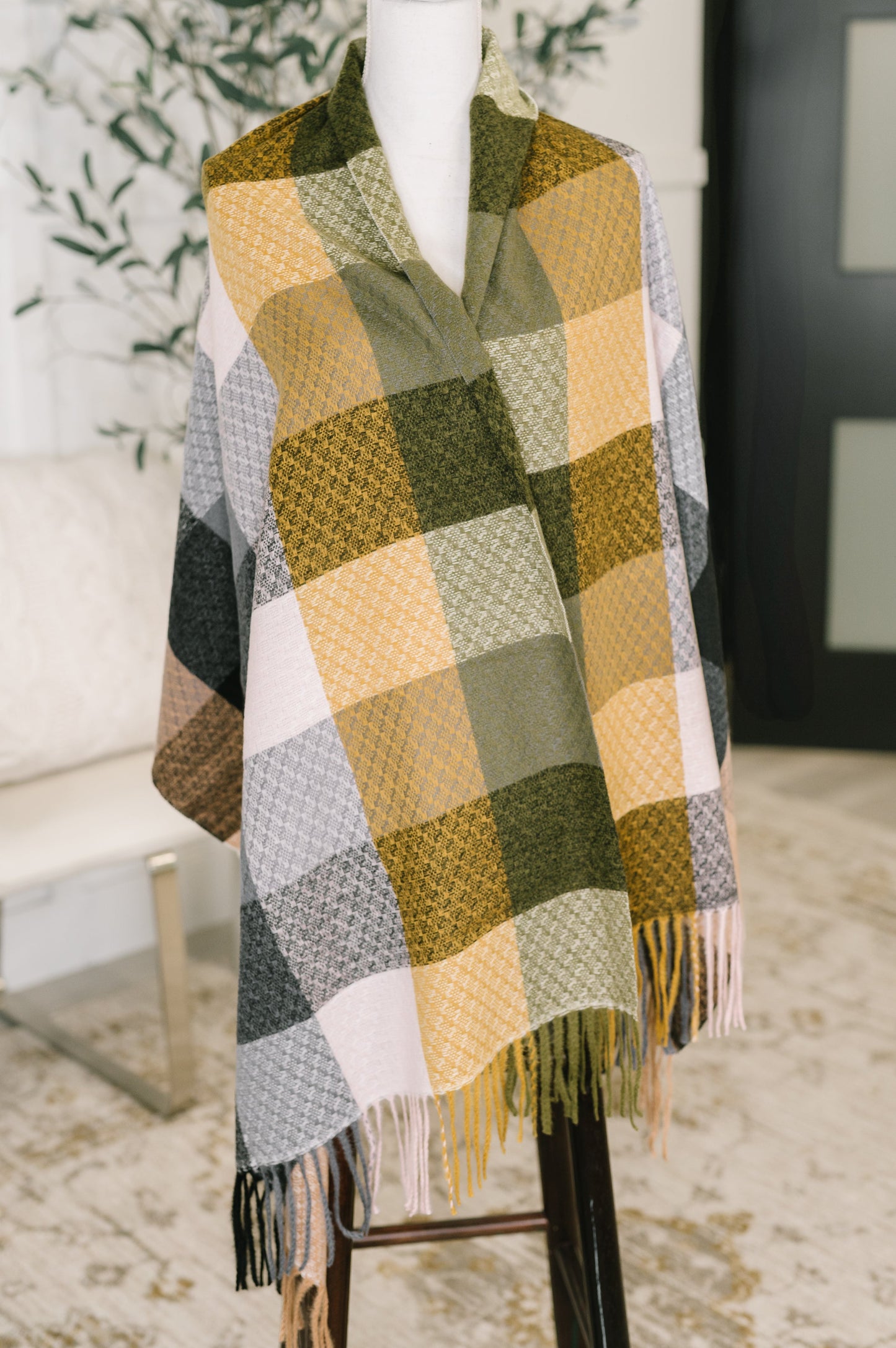 Keep Me Cozy Checkered Fringe Scarf in Woodland Shade