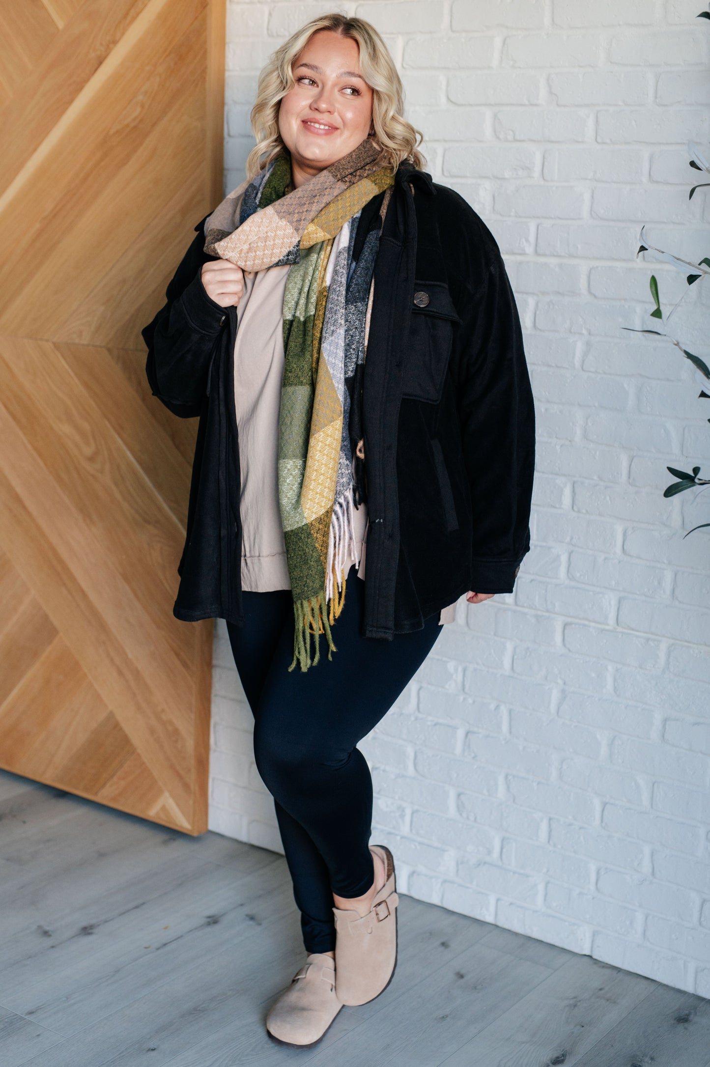 Keep Me Cozy Checkered Fringe Scarf in Woodland Shade