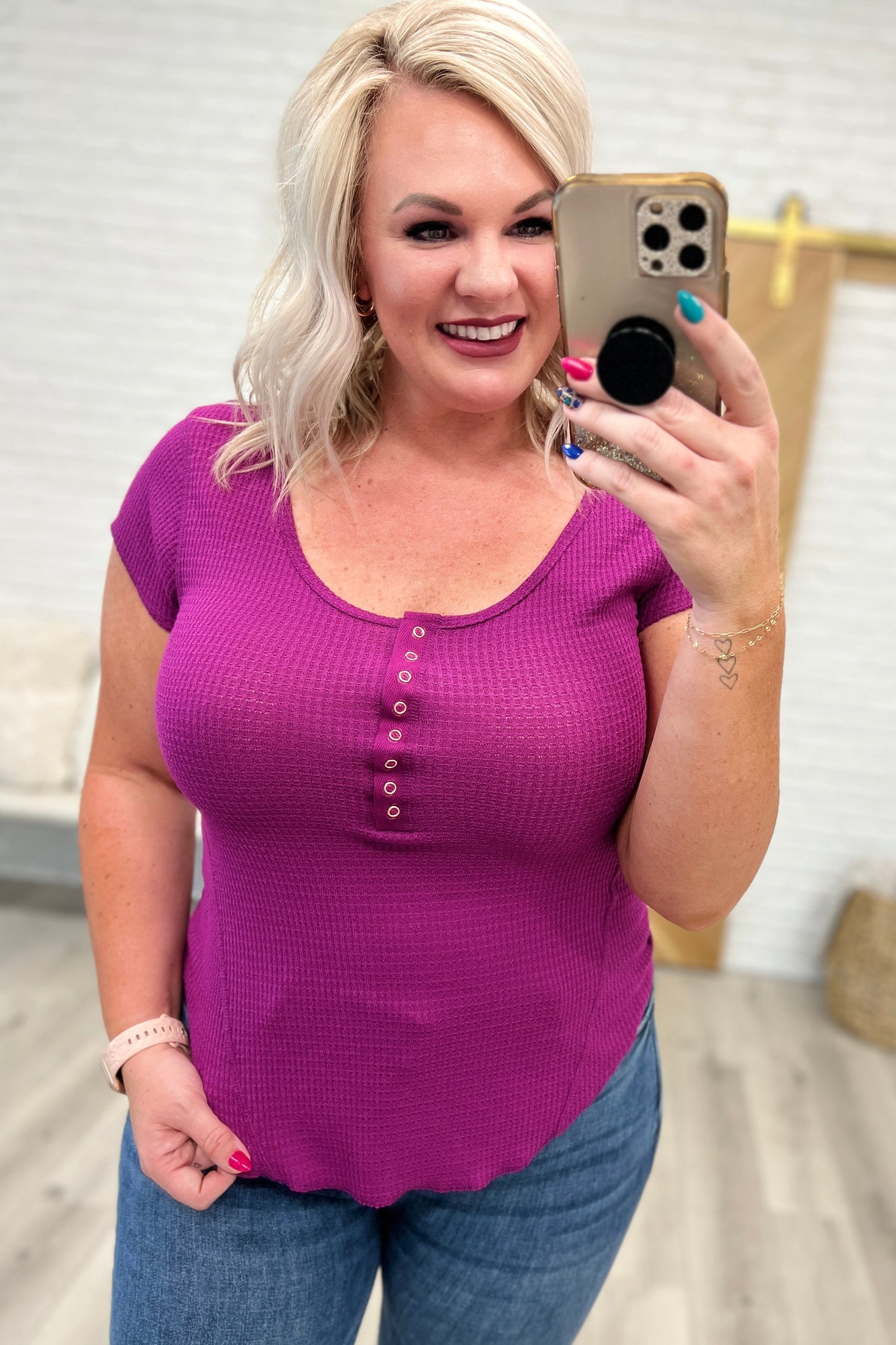 Baby Waffle Cap Sleeve Henley Top in Light Plum