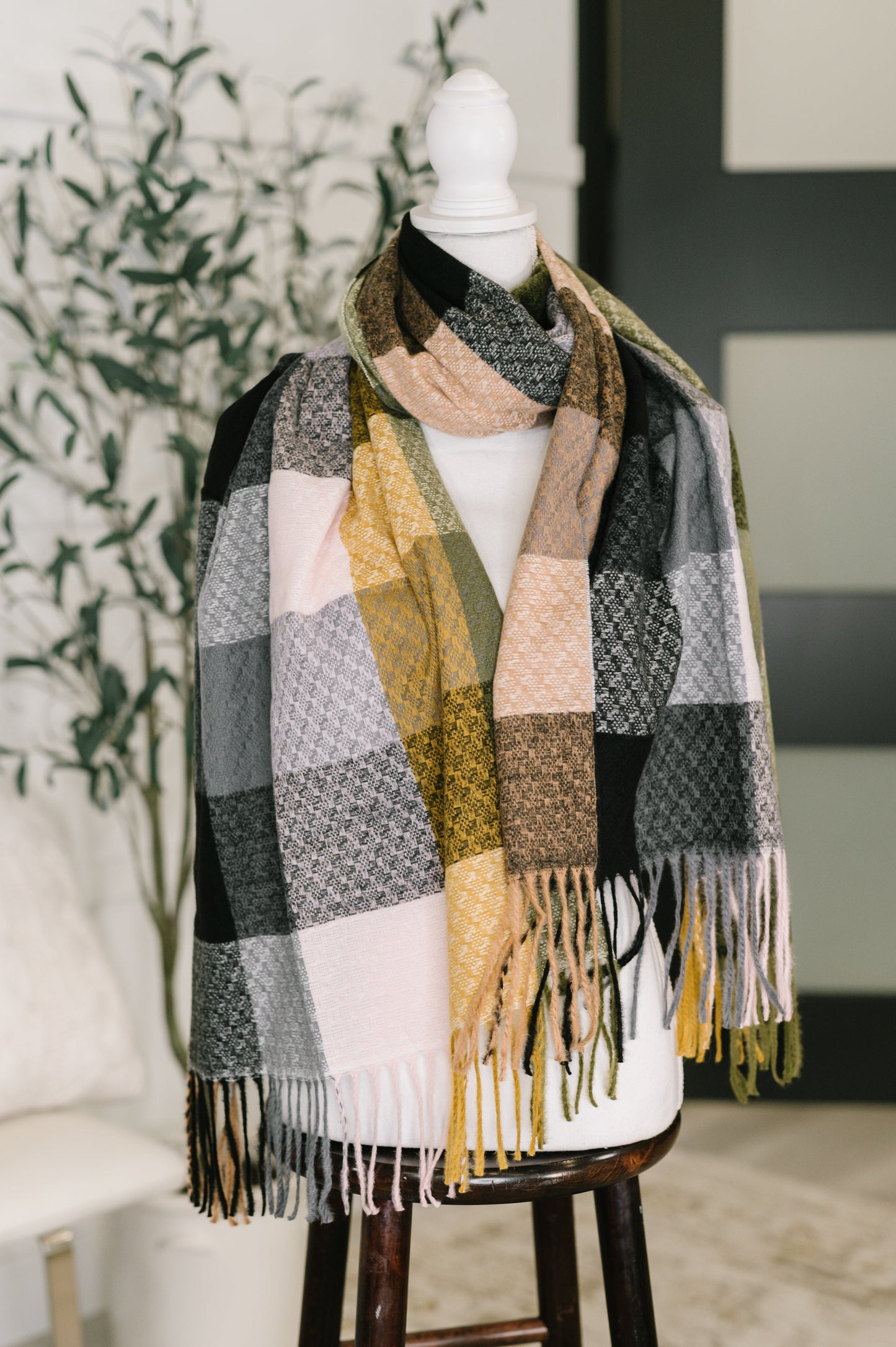 Keep Me Cozy Checkered Fringe Scarf in Woodland Shade