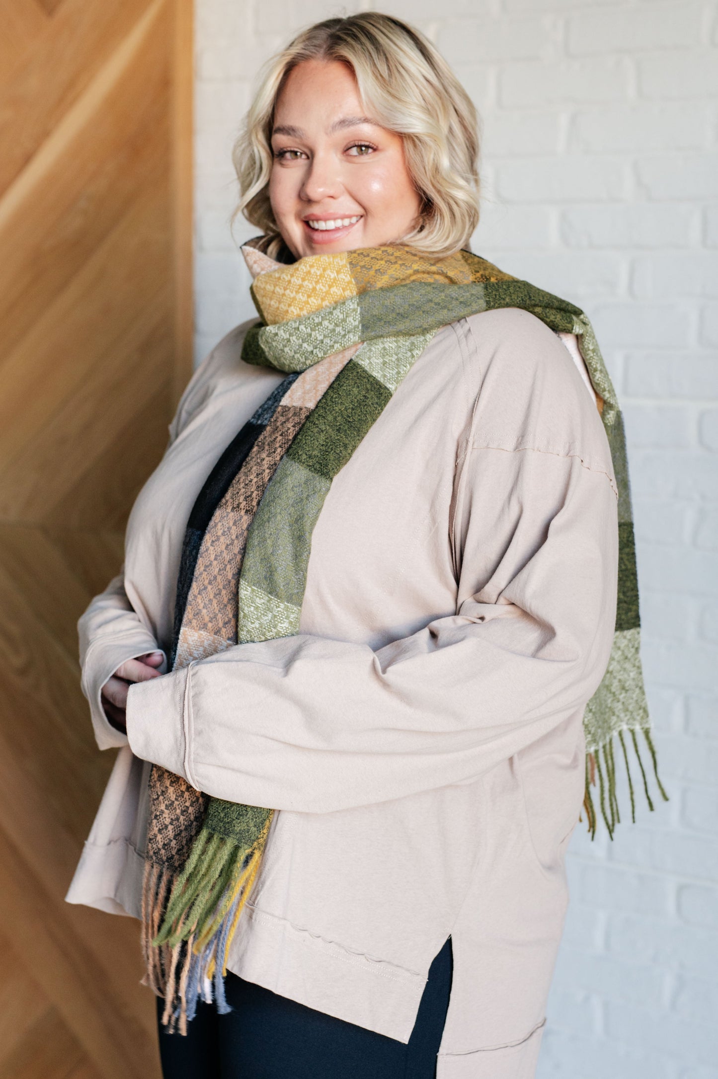 Keep Me Cozy Checkered Fringe Scarf in Woodland Shade